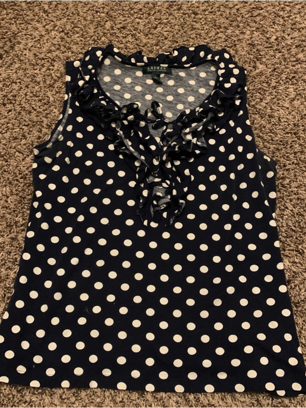 Ralph Lauren Navy and White Polka Dot Ruffle Tank